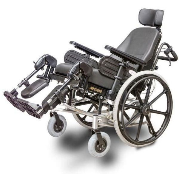A black manual wheelchair with a raised leg rest, shown from the front left side view.