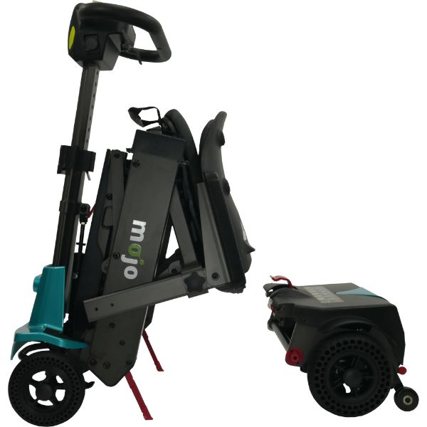 Image of an aqua-colored automatic folding scooter from Enhance Mobility. The scooter is shown folded from the side, with a clear view of the battery.