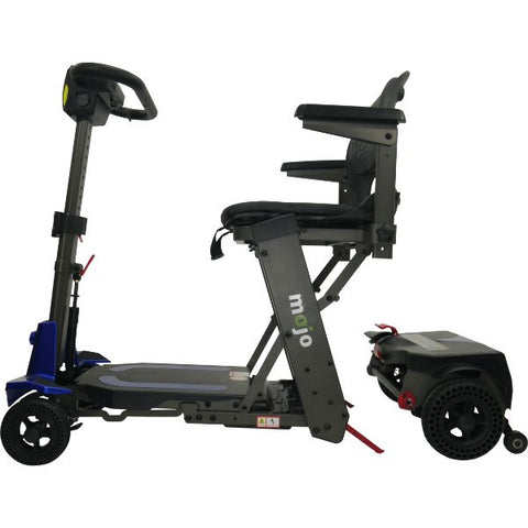 A blue folding mobility scooter with battery, manufactured by Enhance Mobility.