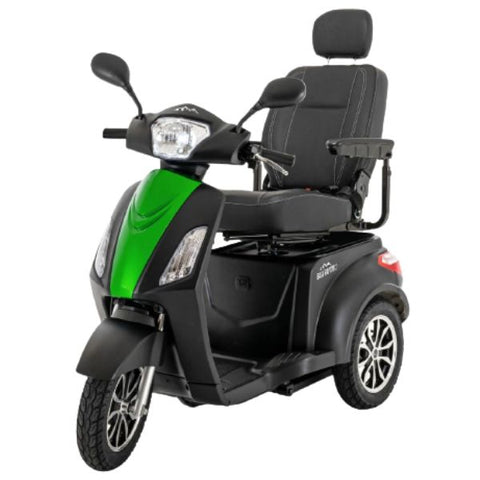 A green Pride Baja Raptor 2 mobility scooter, designed for outdoor use, is displayed in this image.