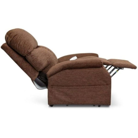 Image of a walnut-colored 3-position lift chair from the Pride Mobility Essential Collection. The chair is shown from a side view, featuring a comfortable Cloud 9 upholstery.