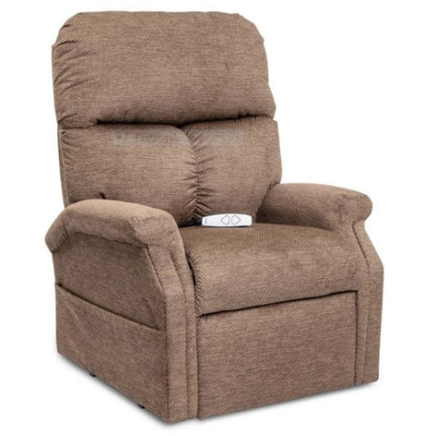 A stone-colored lift chair from the Pride Mobility Essential Collection, featuring a cloud-like seat upholstered in a soft fabric.