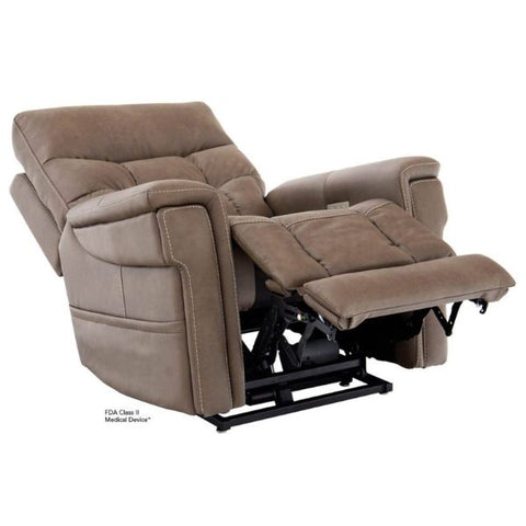 A Pride Mobility VivaLift Ultra Infinite-Position Lift Chair in Capriccio Cappuccino color, showcasing the leg rest and backrest tilt view.