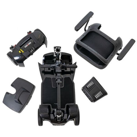Image of a disassembled Pride Go-Go Ultra X 4-Wheel Scooter S49, showcasing its various components and parts.