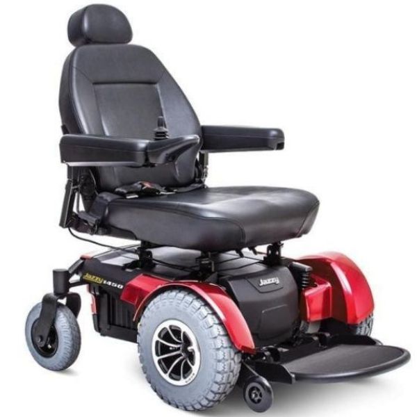 A red heavy-duty power chair from Pride Jazzy 1450, shown from the right side.