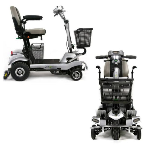 A side and front view of the Quingo Flyte Mobility Scooter with MK2 Docking Station.