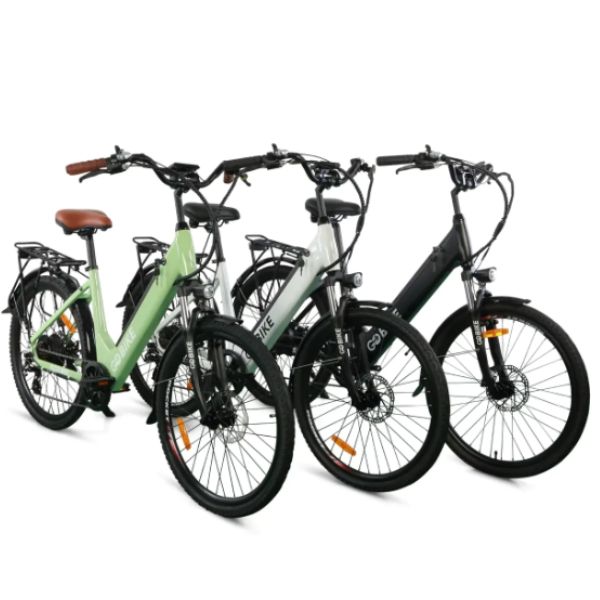 A sleek and stylish electric city bike with a white frame and black accents. The bike features a comfortable saddle, handlebars, and a front basket. The image showcases the bike from a side angle, highlighting its modern design and functionality.