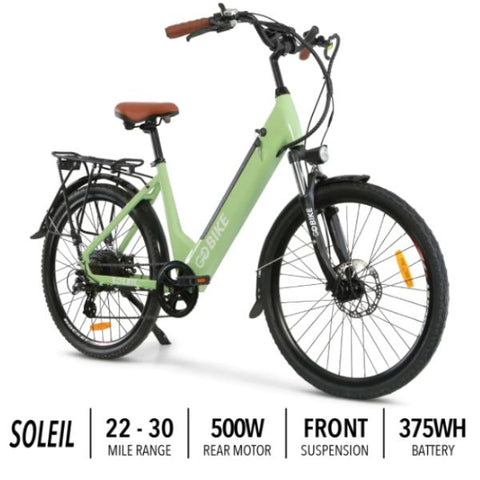 Go Bike SOLEIL Electric City Bike Cool Mint Front Right View with spefications