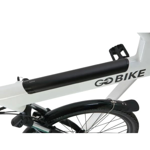 A sleek and stylish electric city bike with a white frame and black accents. The bike features a comfortable saddle, handlebars, and a front basket. The image showcases the bike from a side view, highlighting its modern design and functionality.