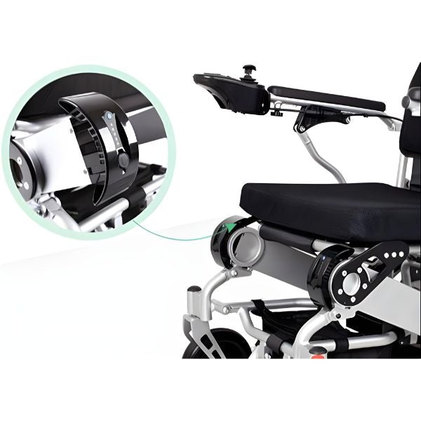 Electra 7 HD Wide Folding Power Wheelchair Showing its Frame, Cushion and Joystick