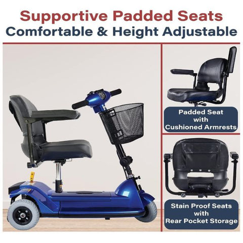 A compact and portable travel mobility scooter with a comfortable seat.