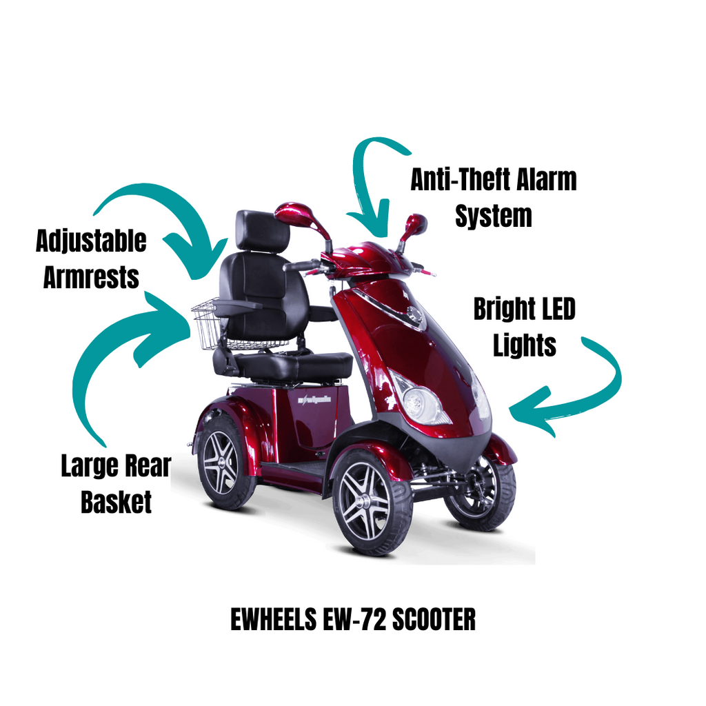 Image: A sleek and stylish electric scooter, the eWheels EW-72. It features a powerful motor, comfortable seating, and a modern design. The scooter is showcased against a white background, highlighting its vibrant red color and chrome accents.