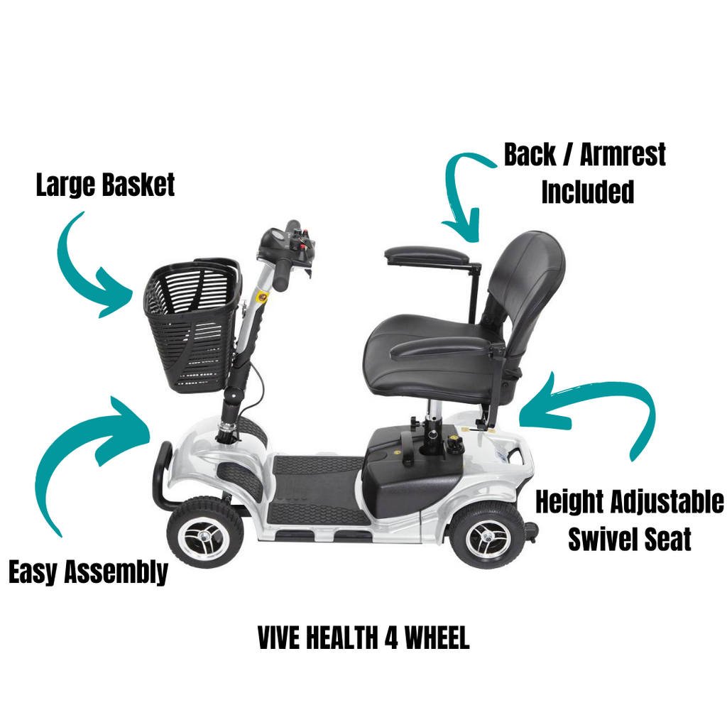 Image: A four-wheel mobility scooter from Vive Health, designed for individuals with limited mobility. The scooter features a sturdy frame, comfortable seat, adjustable armrests, and a control panel with easy-to-use buttons. It also includes front and rear LED lights for enhanced visibility, a spacious storage basket, and a powerful battery for long-lasting usage.