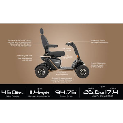 A heavy-duty Pride Baja Wrangler 2 scooter, designed for outdoor use, showcasing its prominent features.