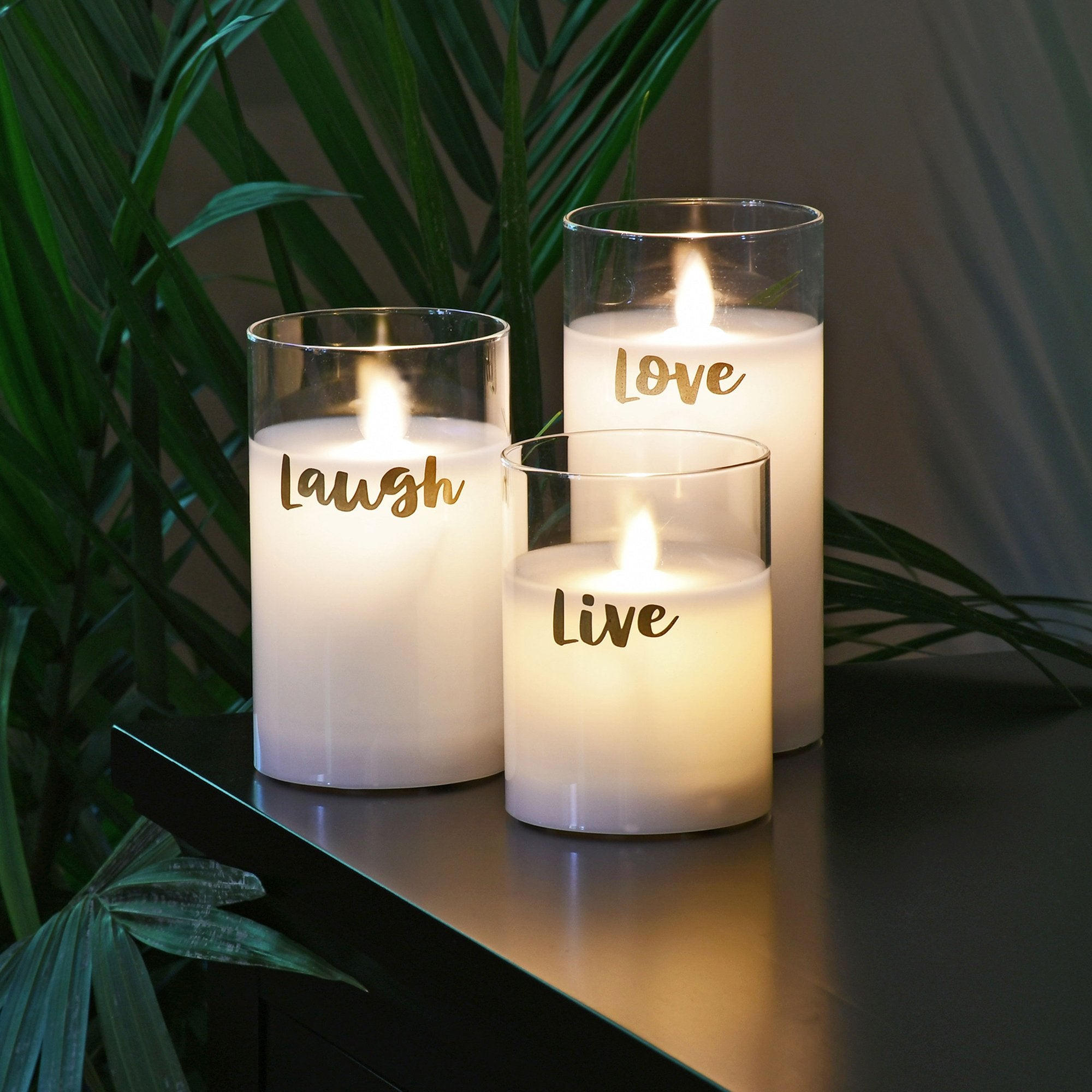 Live Laugh Love Moving Flame LED Glass Candles in Gold And White