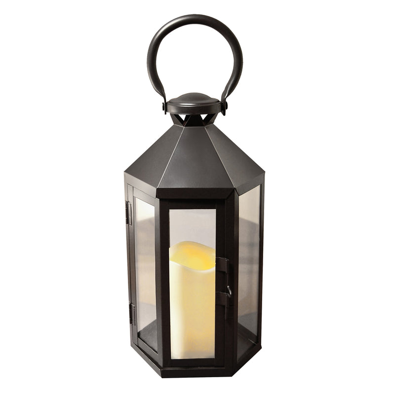 9 LED Battery Operated Black Lantern with Flameless Candle