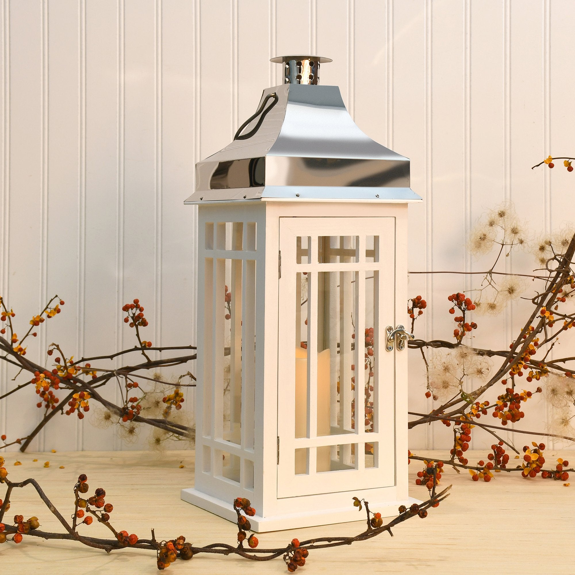 White Wooden Lantern w/ Chrome Roof and LED Candle in White And Chrome