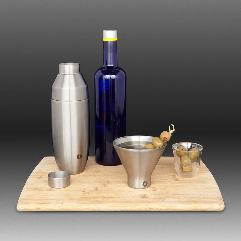 Stainless Steel Cocktail Shaker and Martini Glass Set, Gold and