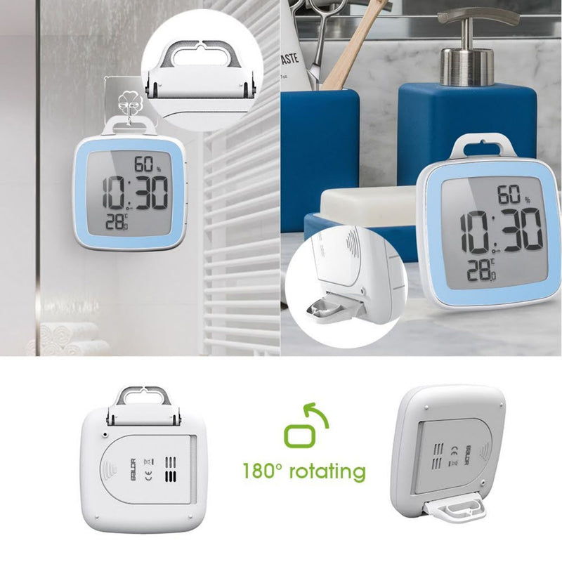 Baldr Digital Bathroom Shower Clock, Waterproof for Water Spray, Large Display, Temperature, Humidity and Moisture, Thermometer & Hygrometer, Suction