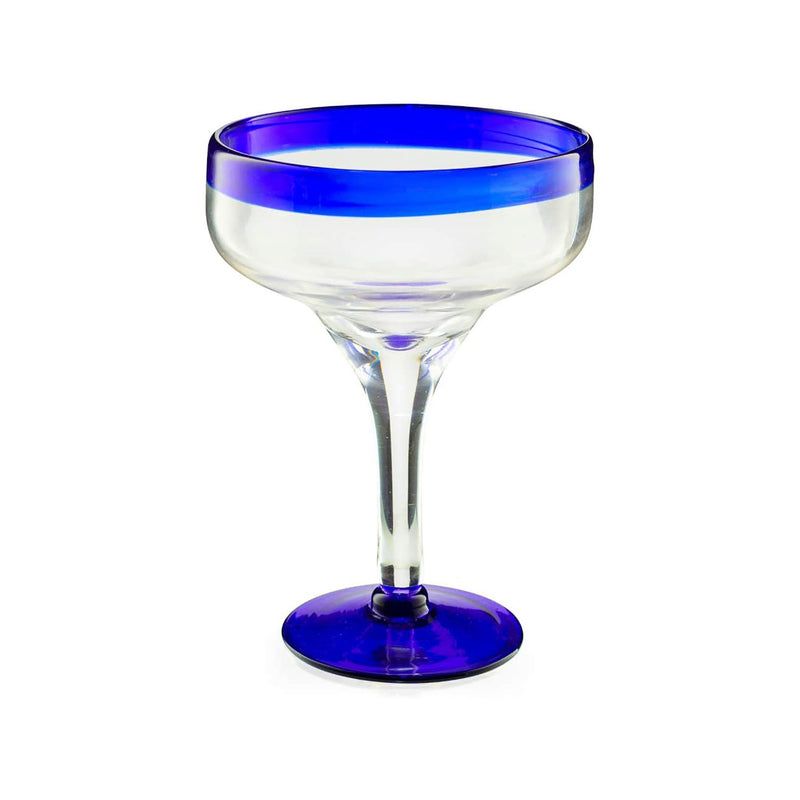 Set of 6 Hand-blown Mexican Margarita Glasses Blue Swirl 12 Oz 