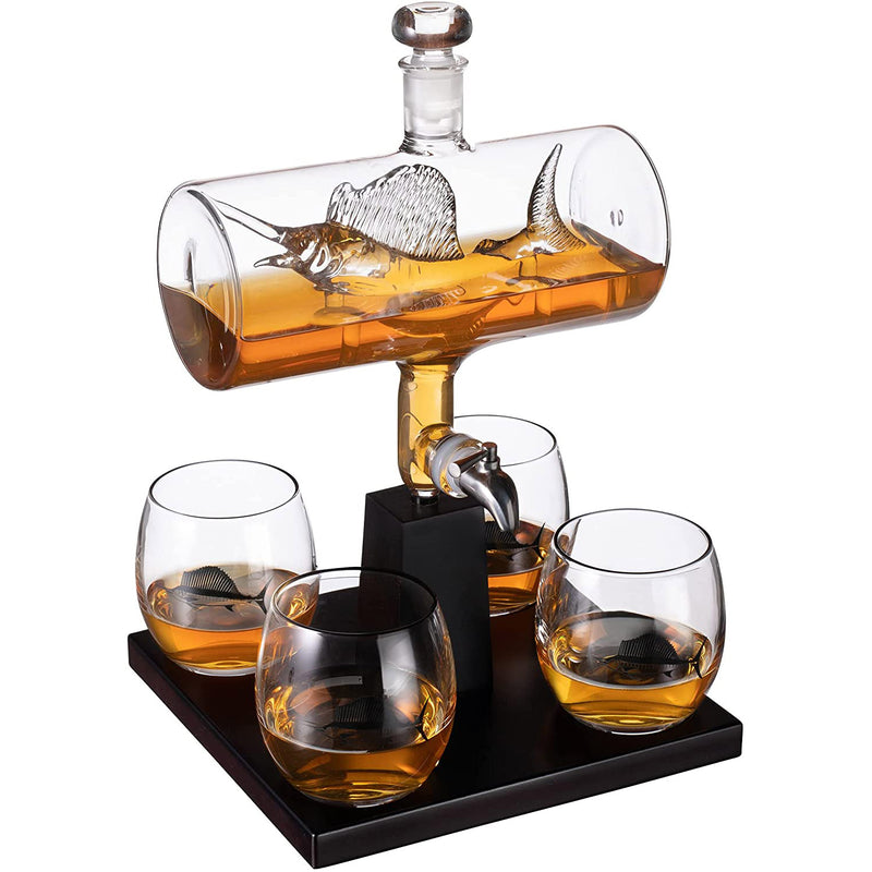 Sailfish Whiskey Decanter Dispenser and 4 Liquor Glasses - Whisky Deca