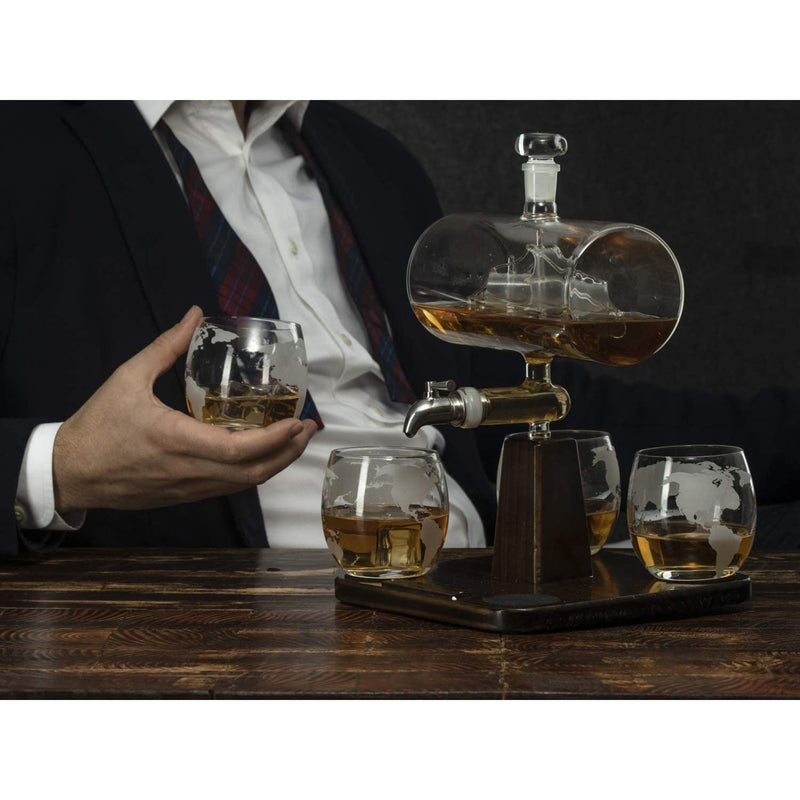 Whiskey Decanter with Antique Ship With 4 Globe Glasses | Brookstone