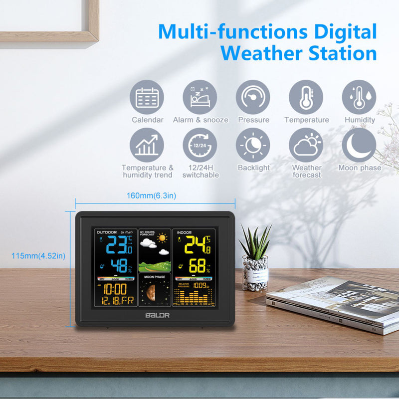 Weather Station,Wireless Indoor Outdoor Thermometer,LCD Digital Display Weather  Thermometer with Temperature,Humidity,Calendar,4 Mode Weather  Forecast,Snooze Function Alarm Clock