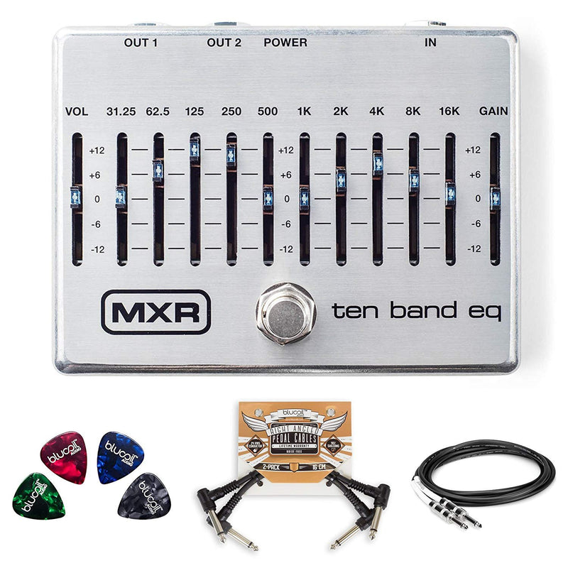 MXR M108S Ten Band EQ Pedal Bundle with Hosa GTR-210 10-Ft Guitar/Instrument Cable, 2-Pack of Blucoil Pedal Patch Cables and 4-Pack of Celluloid Guitar Picks