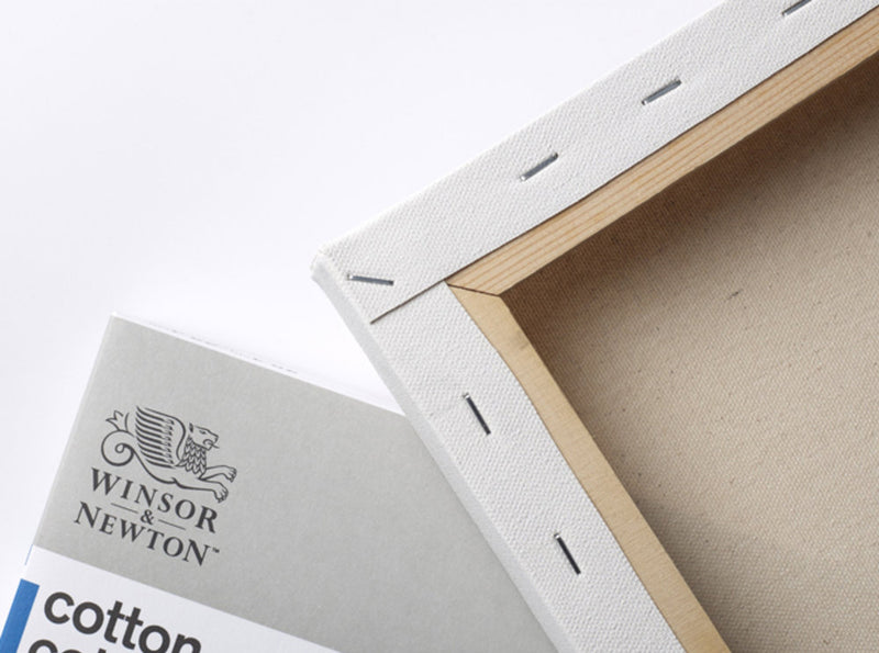 Image of the front and back of a Winsor & Newton Cotton Canvas that shows the stapled frame on the back which measures 90 by 90 centimetres and comes in a box of 6.