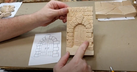 beginner wood carving project relief carving of an archway and door with schaaf tools 