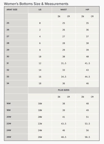 Size Chart - Ariat Women's Western & Casual Pants – Wei's Western Wear