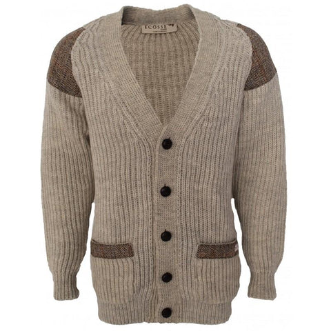 Chunky Knit Traditional Cardigan with Harris Tweed Patches: