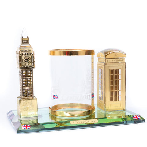 Crystal Gold Pen Stand with Telephone & Big Ben