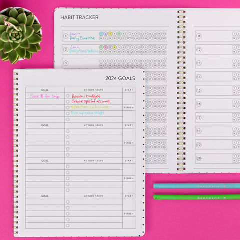 PAPERAGE spiral-bound planners open to the goals & habit tracking pages on a pink background with a small plant and 2 colorful pens.