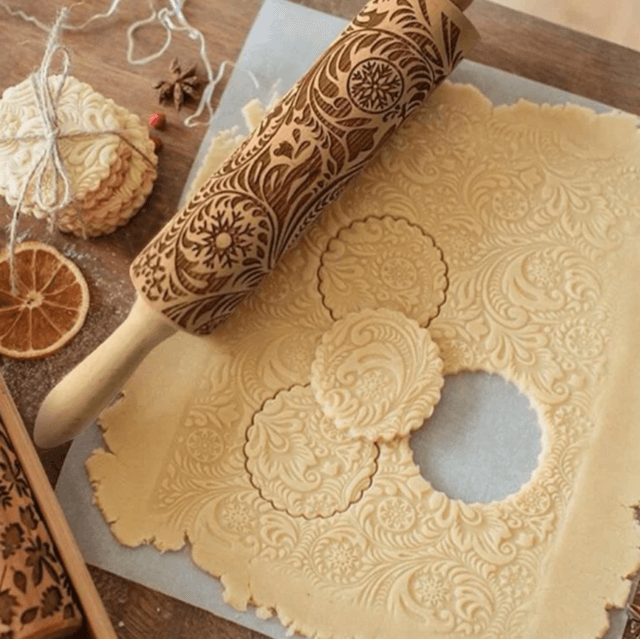embossed rolling pin paisley pattern cookies flat lay top view