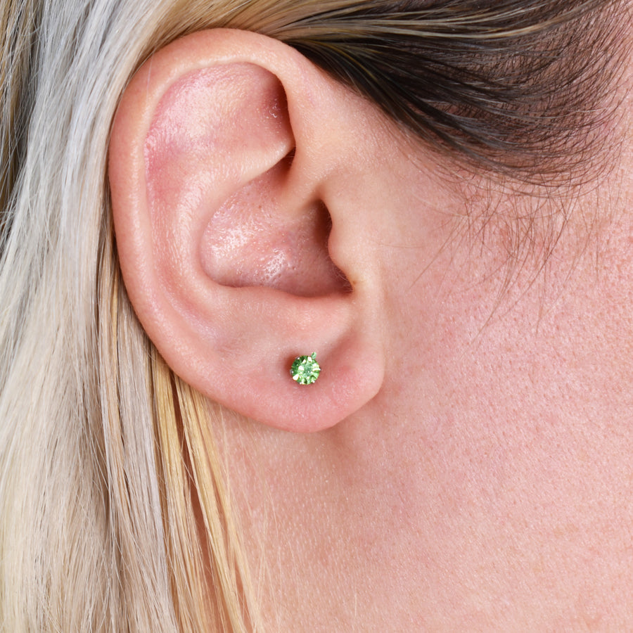 Cubic Zirconia August Birthstone Earrings | 4mm Round | Peridot Green | Stainless Steel Posts | 1 Pair