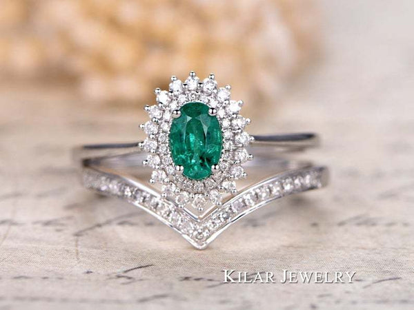 Solid 14K White Gold Natural Emerald 