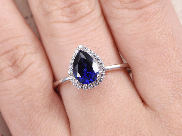 Blue Sapphire Engagement Ring 14K White Gold Diamond Wedding Ring 6x8mm Pear Cut Lab-created Blue Gemstone Ring Plain Band Floral Diamond