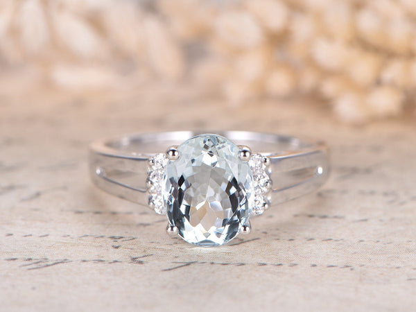 VS Natural Aquamarine Engagement Ring 14K White Gold Diamond Ring Wedding Band Plain Band Anniversary Ring Deco 8x10mm Blue Aquamarine Ring