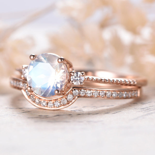 Moonstone Engagement Ring Set Curve Wedding Band Three Stone Ring Diam Kilar Jewelry