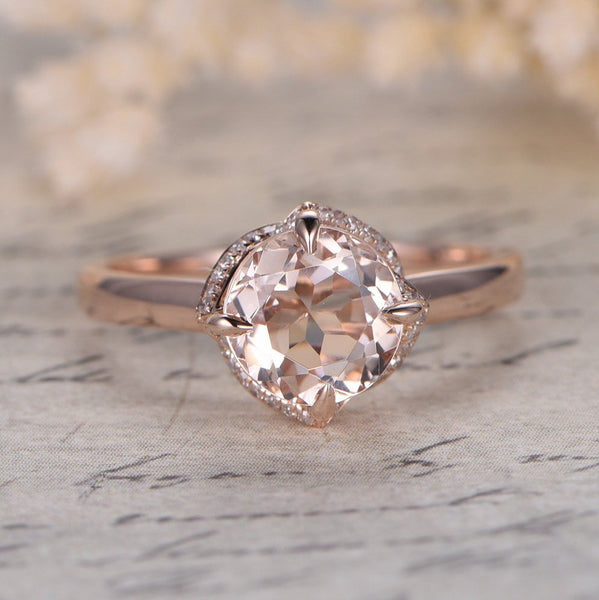 Unique Morganite Engagement Ring Vintage Antique Halo Cluster Diamond Wedding Ring Plain Rose Gold Band 14K 6.5mm Round