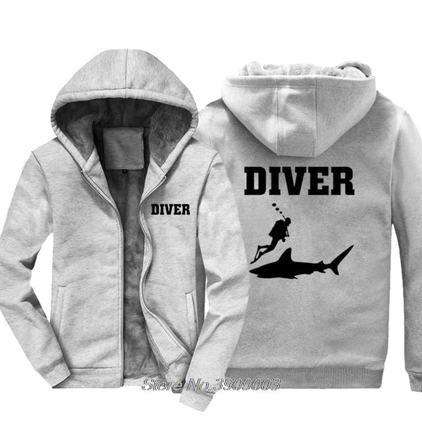 Men Coated Fleece Hoodie: Diver & Shark – Diving Specials Shop