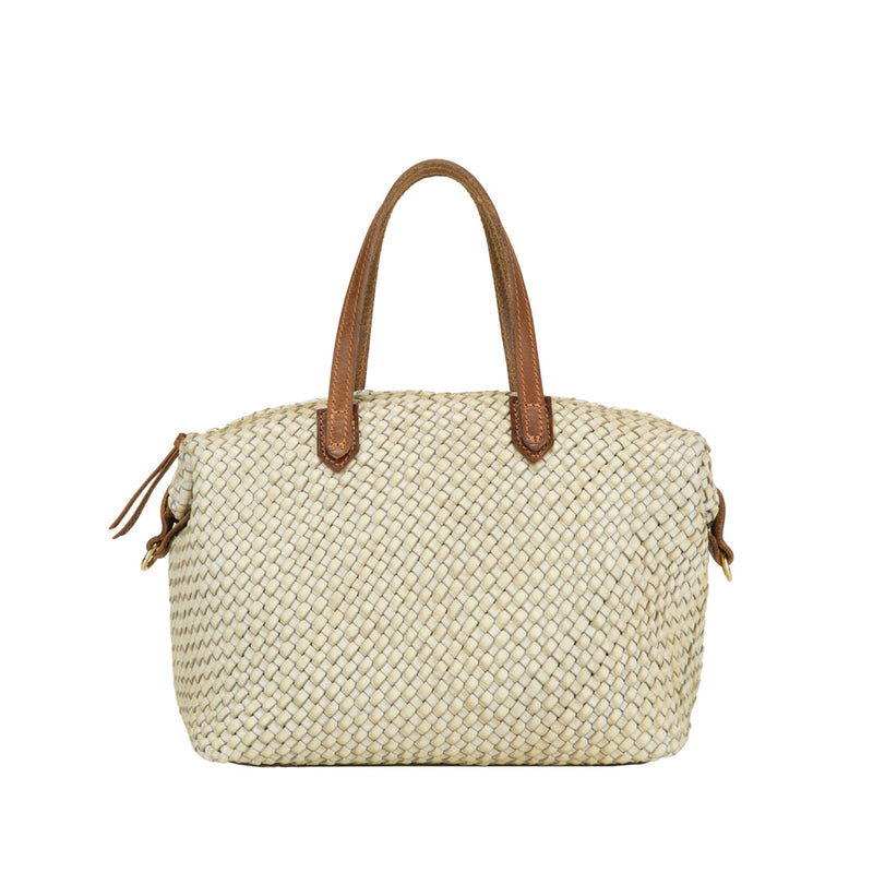 Petra Small Ivory - Calfskin Leather Woven Tote Bag | MIRTA