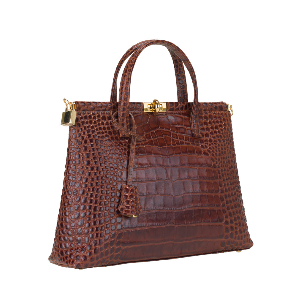 Priscilla Brown - Croc-embossed Calfskin Leather Top Handle Bag | MIRTA