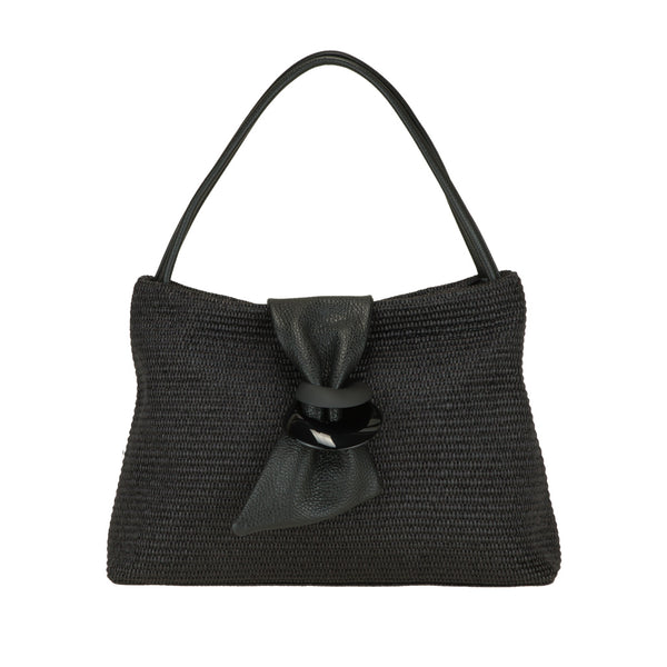 Mirella Black - Straw And Calfskin Shoulder Bag | MIRTA