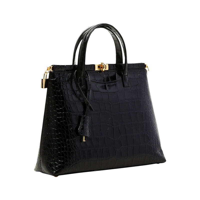 Priscilla Black - Croc-embossed Calfskin Top Handle Bag | MIRTA