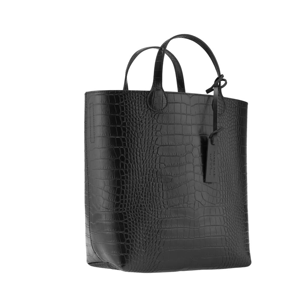 Enore Black - Croc-embossed Calfskin Leather Tote Bag | MIRTA