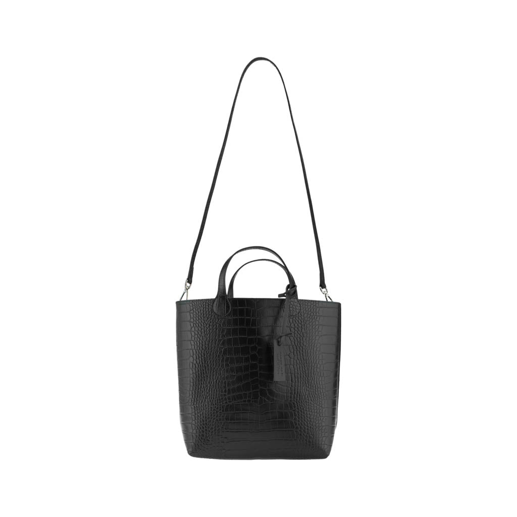 Enore Black - Croc-embossed Calfskin Leather Tote Bag | MIRTA