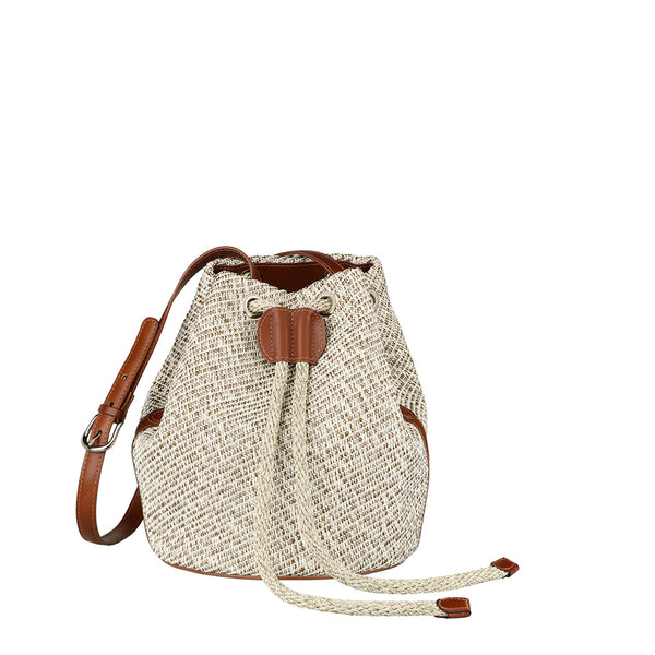 Busin Brown - Woven Cotton And Calfskin Leather Bucket Bag | MIRTA
