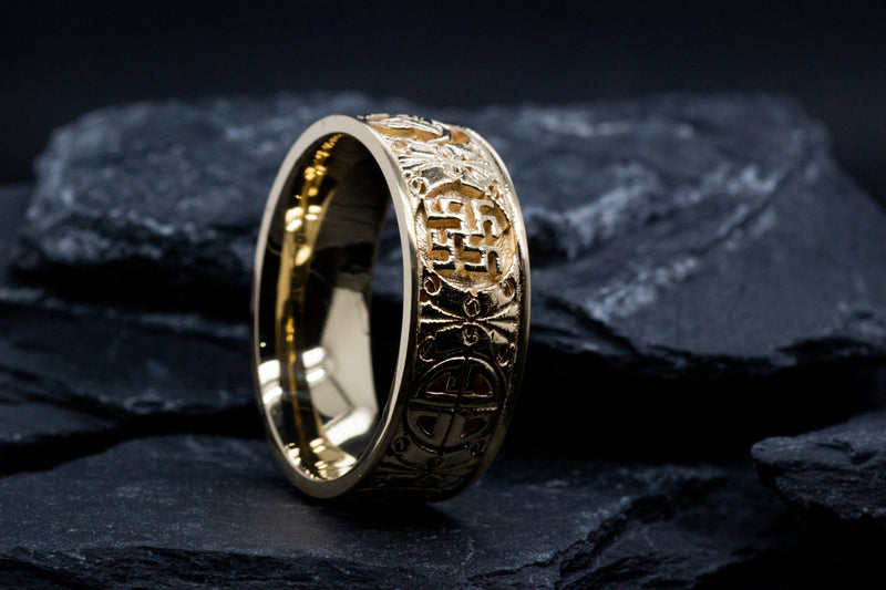 8mm Custom Made, Dome Shaped, Solid Yellow Gold Ring with Viking Symbols